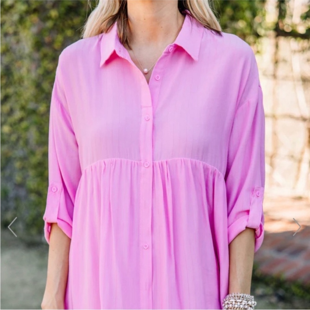 Entro Womens Barbie Pink Baby Doll Long Sleeve Button Up Dress Size Large - Picture 4 of 11